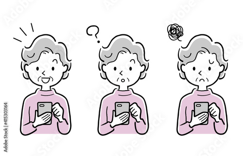 ベクターイラスト素材：スマートフォンを使うシニア世代の女性、セット
