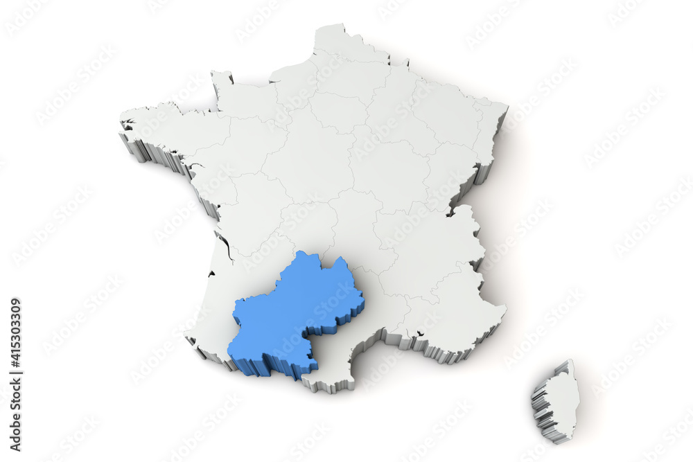 Obraz premium Map of France showing Midi Pyrenees region. 3D Rendering