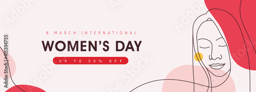 Women's Day sale banner. International women's Day greeting card template. Postcard on March 8.