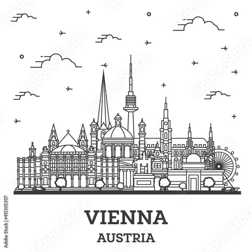 Outline Vienna Austria City Skyline with Historic Buildings Isolated on White.