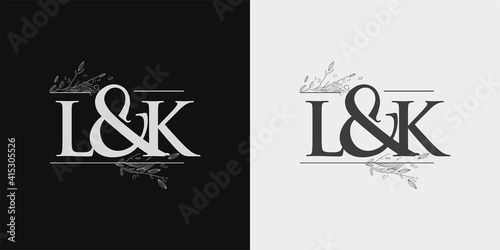 LK Initial logo, Ampersand initial Logo with Hand Draw Floral, Initial Wedding Font Logo Isolated on Black and White Background. photo