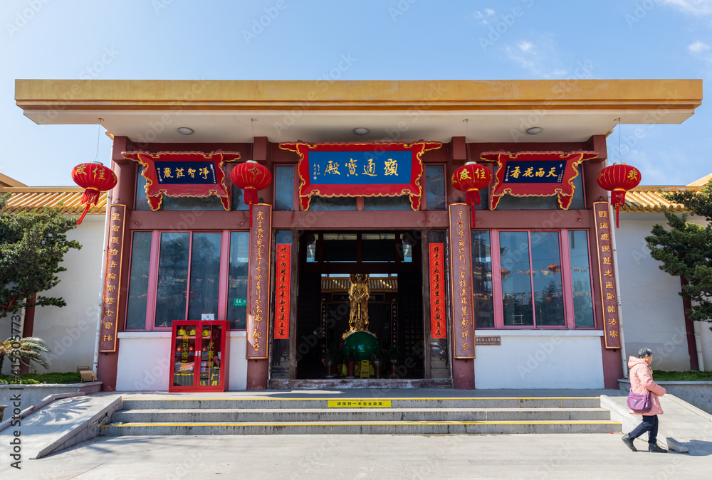 Facade of Xiantong Hall in Qibao Temple, a historic Buddhist monastery in Qibao Old Town, Minhang District, Shanghai, China.