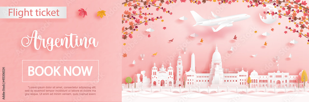 Flight and ticket advertising template with travel to Bueno Aires, Argentina in autumn season deal with falling maple leaves and famous landmarks in paper cut style vector illustration