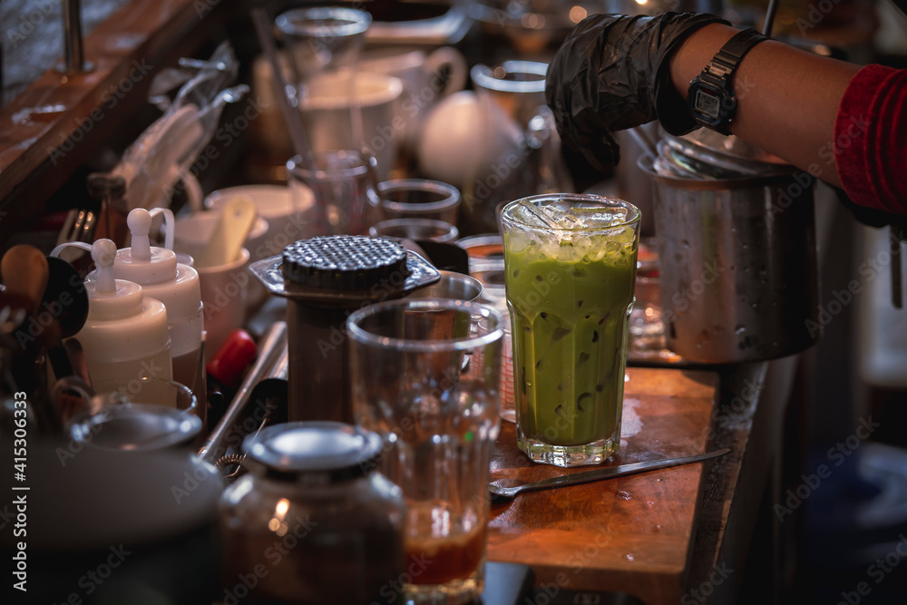 Drink green tea in the glass On the table ready Drink green tea in the glass On the table ready