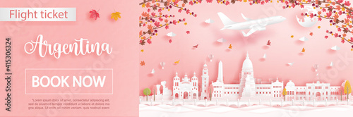 Flight and ticket advertising template with travel to Bueno Aires, Argentina in autumn season deal with falling maple leaves and famous landmarks in paper cut style vector illustration