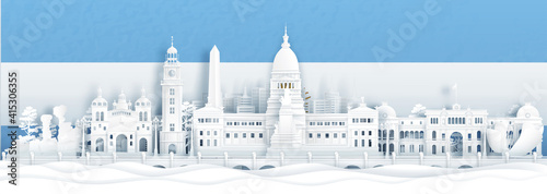 Panorama view of Bueno aires, Argentina skyline with world famous landmarks, Agentina flag in paper cut style vector illustration.