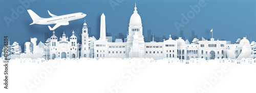 Travel advertising with travel to Bueno Aires, Argentina concept with panorama view of city skyline and world famous landmarks in paper cut style vector illustration.
