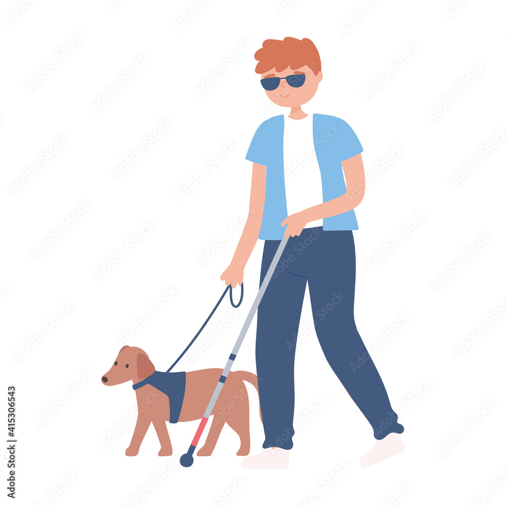 blind man wearing glasses walking with dog a cane walking blind man wearing glasses walking with dog a cane walking