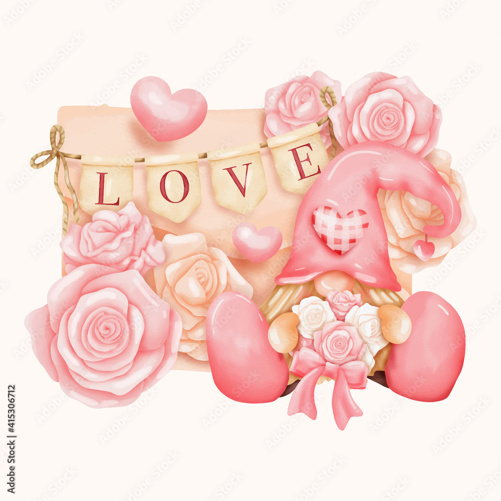 Watercolor Valentine's Gnome, Valentine's day Gnome. Vector illustration. Watercolor Valentine's Gnome, Valentine's day Gnome. Vector illustration.