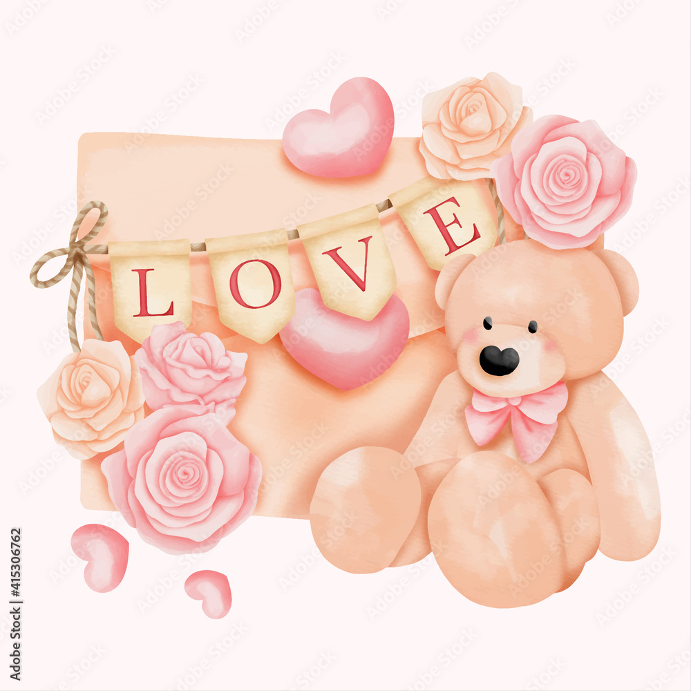 Watercolor teddy bear, Valentine's day teddy bear. Vector illustration.