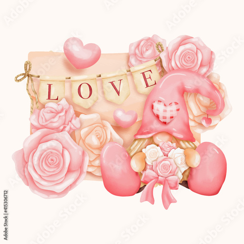 Watercolor Valentine's Gnome, Valentine's day Gnome. Vector illustration.