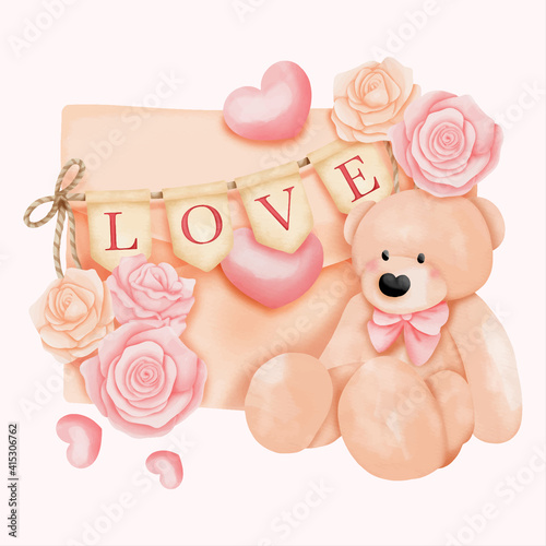 Watercolor teddy bear, Valentine's day teddy bear. Vector illustration.