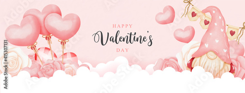 Watercolor Happy Valentine's Day with Gnome and heart balloons. 