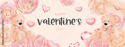 Watercolor Happy Valentine's Day with teddy bear and heart balloons. 