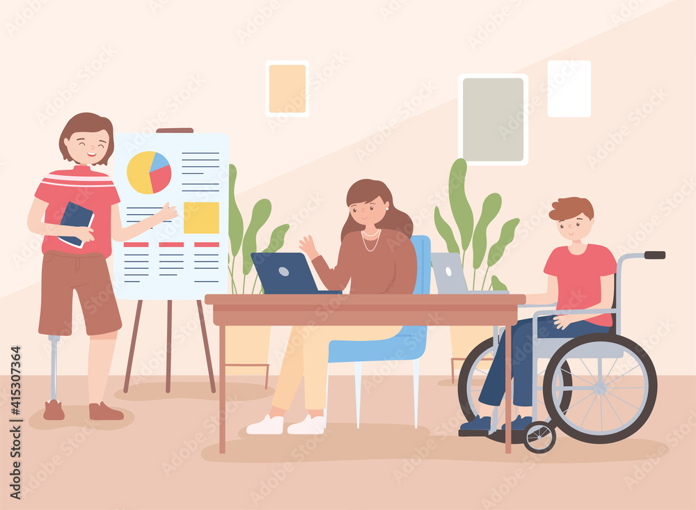 invalid man in wheelchair and man with leg prosthesis, office work female employee,