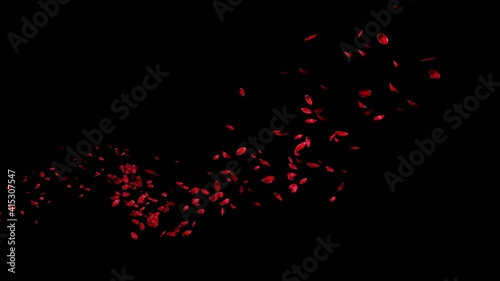 Group of Red Rose Petals Floating on Curve Path Through up in the air on Dark Background. 3D rendering with Alpha Matte.4K