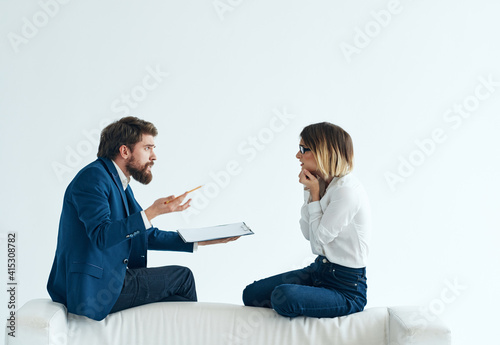 emotional woman or man with communication psychology documents