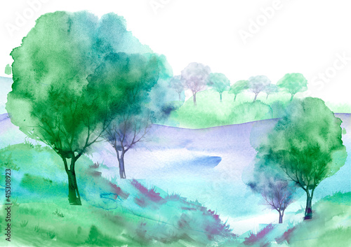 Countryside summer spring  watercolor landscape. trees  bushes on a hill  in a field  in a meadow. flood  river.  Ecological poster with place for text. splash of green  blue paint.Oak  apple.