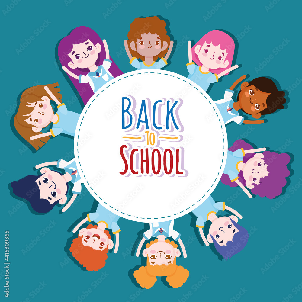Back to School badge, group students cartoon character Back to School badge, group students cartoon character