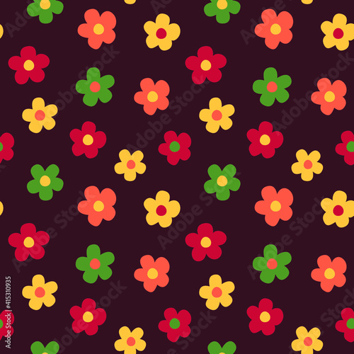 Seamless brown background with red, yellow, and orange retro style flowers. Vector illustration.