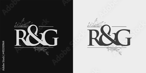 RG Initial logo, Ampersand initial Logo with Hand Draw Floral, Initial Wedding Font Logo Isolated on Black and White Background.