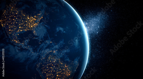 Fototapeta Naklejka Na Ścianę i Meble -  Planet earth globe view from space showing realistic earth surface and world map as in outer space point of view . Elements of this image furnished by NASA planet earth from space photos.