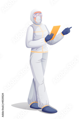 Professional giving instructions to disinfect room from coronavirus or insects. Cleaning protection and decontamination vector illustration. Person in safety suit and mask with paper