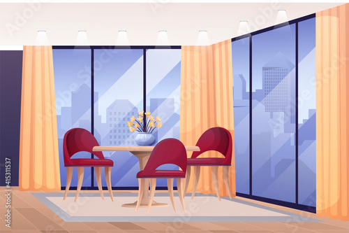 Modern living or hotel room interior design background. Home with table with flowers, chairs, windows with view on buildings in city. Empty cosy area for recreation vector illustration