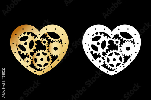 Gold and white silhouettes of heart with gears. Mechanism. Steampunk. Vector design element for a stylish holiday greeting card, print for t-shirt, clothing, love concept, laser and plotter cutting