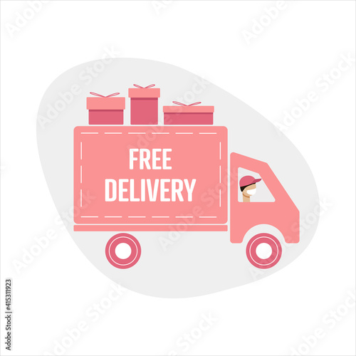 Free delivery icon. Online delivery contactless service to home, office by truck. Delivery man is waring mask to prevent coronavirus.