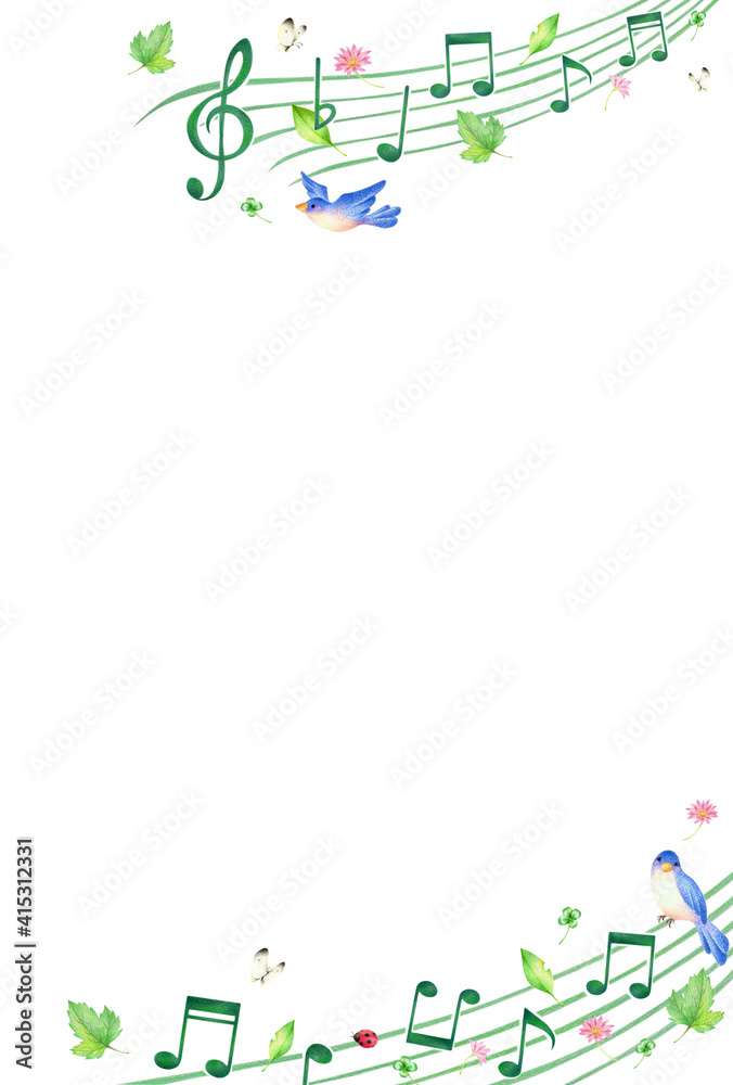 Fototapeta premium 音符と緑の葉っぱと青い鳥の背景（春） 手描き色鉛筆 縦