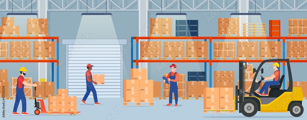 Warehouse interior with cardboard boxes on metal racks. Warehouse ...