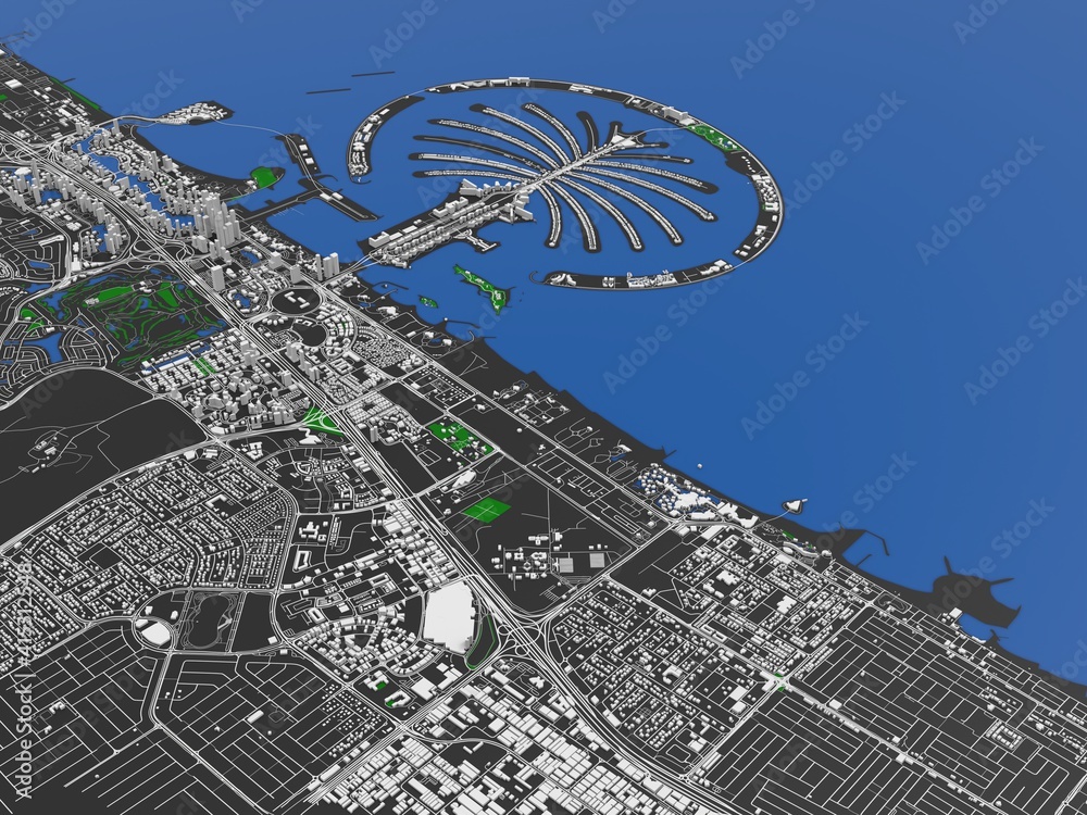 top view of the big city. illustration in casual graphic design. fragment of dubai 3d render