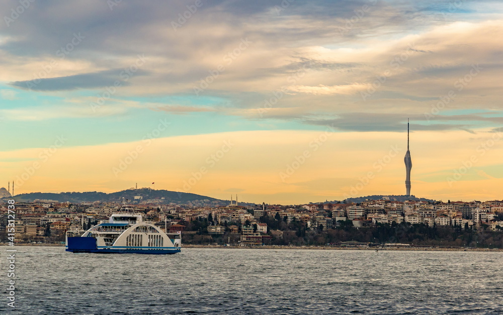 Cruise ferries in Bosphorus between european and asian coasts of Istanbul. Turkey.