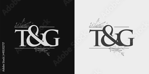 TG Initial logo, Ampersand initial Logo with Hand Draw Floral, Initial Wedding Font Logo Isolated on Black and White Background.