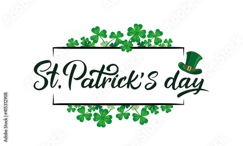Vector illustration of the "Happy St. Patrick's Day" logo with a clover shamrock pattern on a white background. Hand-sketched Irish holiday design. Beer festival lettering typography icon.