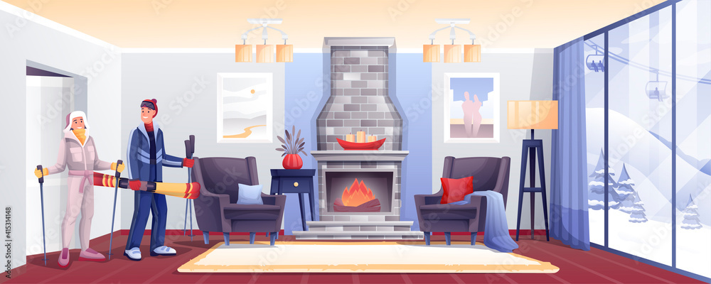 People in winter cabin. Family enjoying vacation at ski resort vector illustration. Man and woman in clothes and hats with skis in apartment with fireplace and window view on slopes People in winter cabin. Family enjoying vacation at ski resort vector illustration. Man and woman in clothes and hats with skis in apartment with fireplace and window view on slopes
