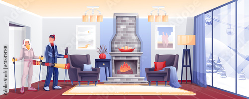 People in winter cabin. Family enjoying vacation at ski resort vector illustration. Man and woman in clothes and hats with skis in apartment with fireplace and window view on slopes