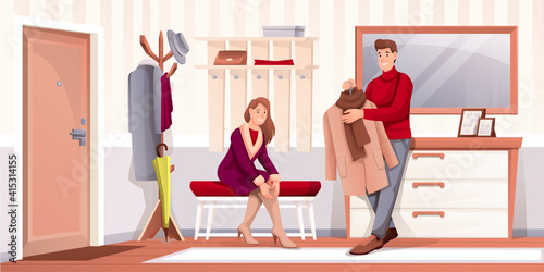 People putting clothes on in hallway at home. Man with coat and woman sitting on bench in house vector illustration. Foyer room interior design horizontal background with staricase and doors photo