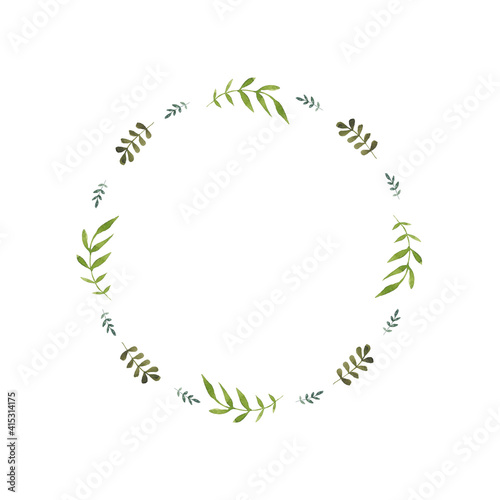 Frame of hand-drawn watercolor green leaves on a white background. Use for menus, invitations, wedding