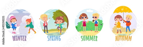 Kids in four seasons set: winter, spring, summer, autumn. Children in different weather vector illustration. Girl and boy building snowman, in puddle, eating ice cream, under umbrella