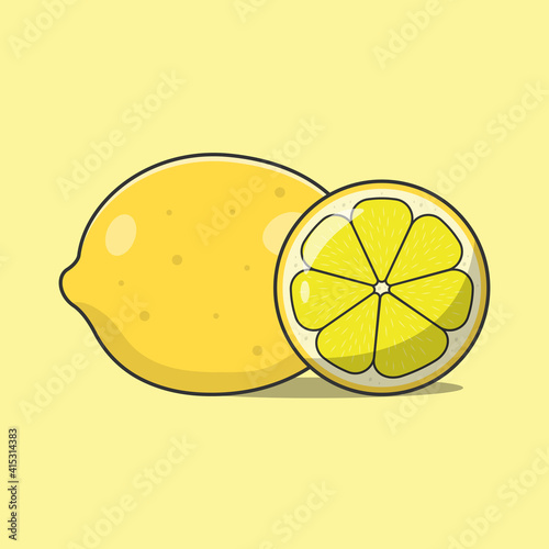 Set of fresh whole and a cut of a slice lemon fruit isolated on white background. Summer fruits for a healthy lifestyle. Organic fruit. Cartoon style. Vector illustration for any design.
