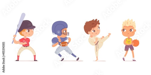 Boys playing sports set. Happy kids doing healthy exercise vector illustration. Children play karate, baseball with bat, rugby, basketball with ball isolated on white background