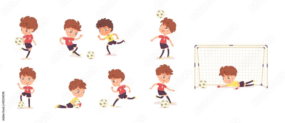 Child playing football or soccer set. Boy in various poses and position with ball vector illustration. Happy little kid playing sport at practice, goalkeeper in uniform at net