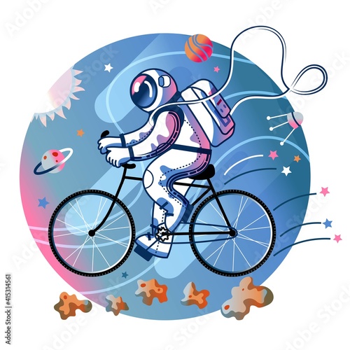 Funny astronaut riding bike in space. Man in spacesuit exercising on bicycle. Space exploration fun entertainment vector illustration. Cosmonaut in universe, stars and planets