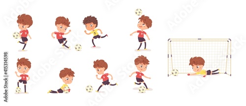 Child playing football or soccer set. Boy in various poses and position with ball vector illustration. Happy little kid playing sport at practice, goalkeeper in uniform at net