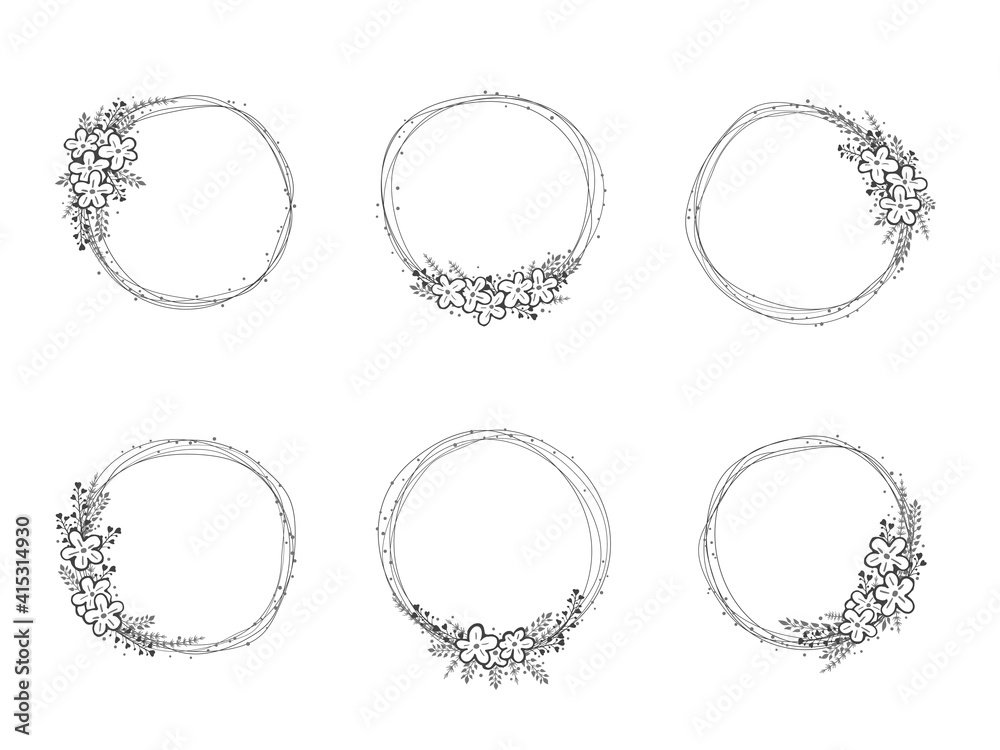 Vector set of frames with hand drawn flowers and floral elements. Decorative wreaths collection. Monochrome. 