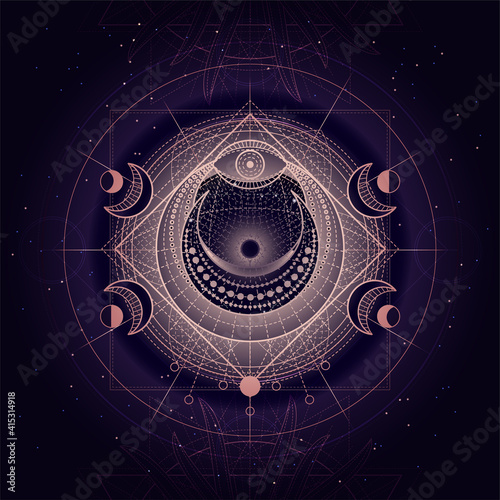 Vector illustration of Sacred geometry symbol on abstract background. Mystic sign drawn in lines. Image in purple color.