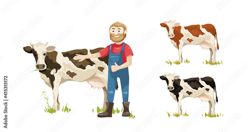 Cheerful farmer with a cow. Vector illustration, dairy farm, set of ...