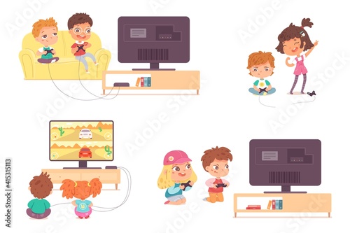 Kids playing video games on tv set. Happy boys and girls holding console and playing videogames with joysticks in hands. Entertainment at home with technology vector illustration